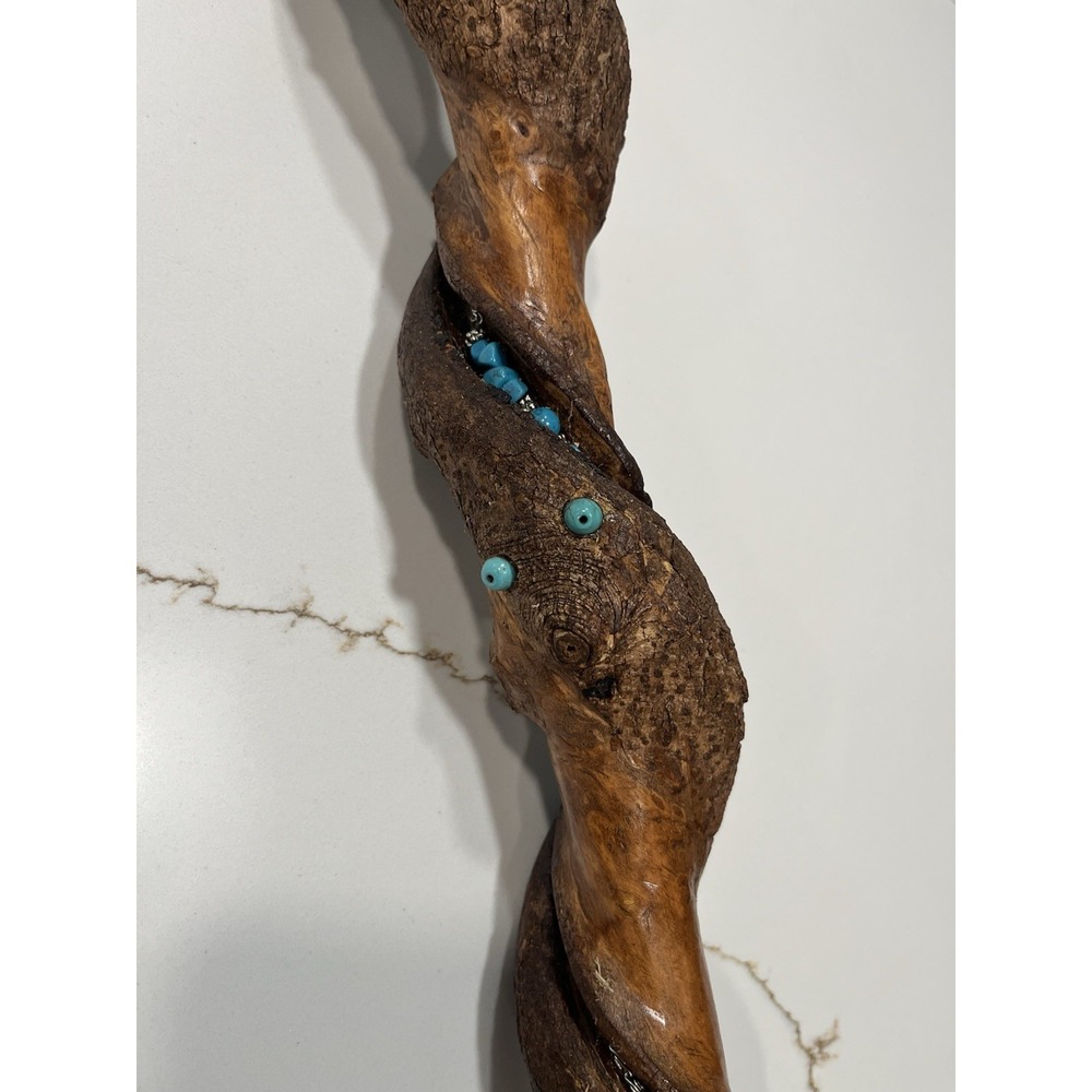 Hand Carved Wooden Walking Stick Spiral Cane with Turquoise Silver Inlay 51" - Picture 7 of 13